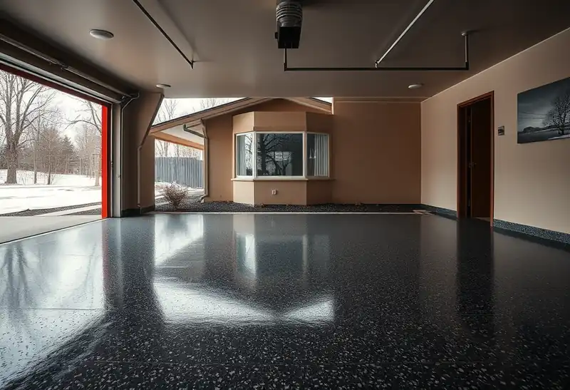 Illustration of garage floor with a glossy flake epoxy coating in a 1953-era home